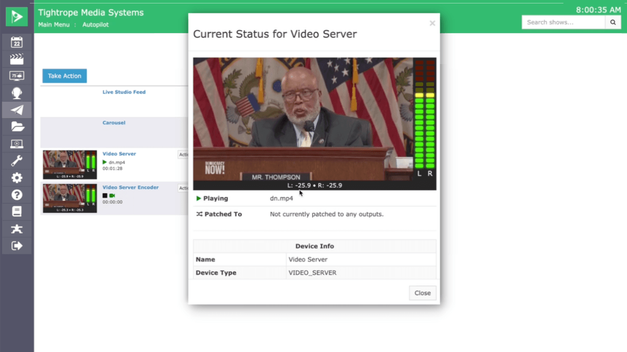 A screenshot of the confidence monitor in Cablecast Automation Software displaying a thumbnail of a video server output with color coded meters for monitoring audio levels