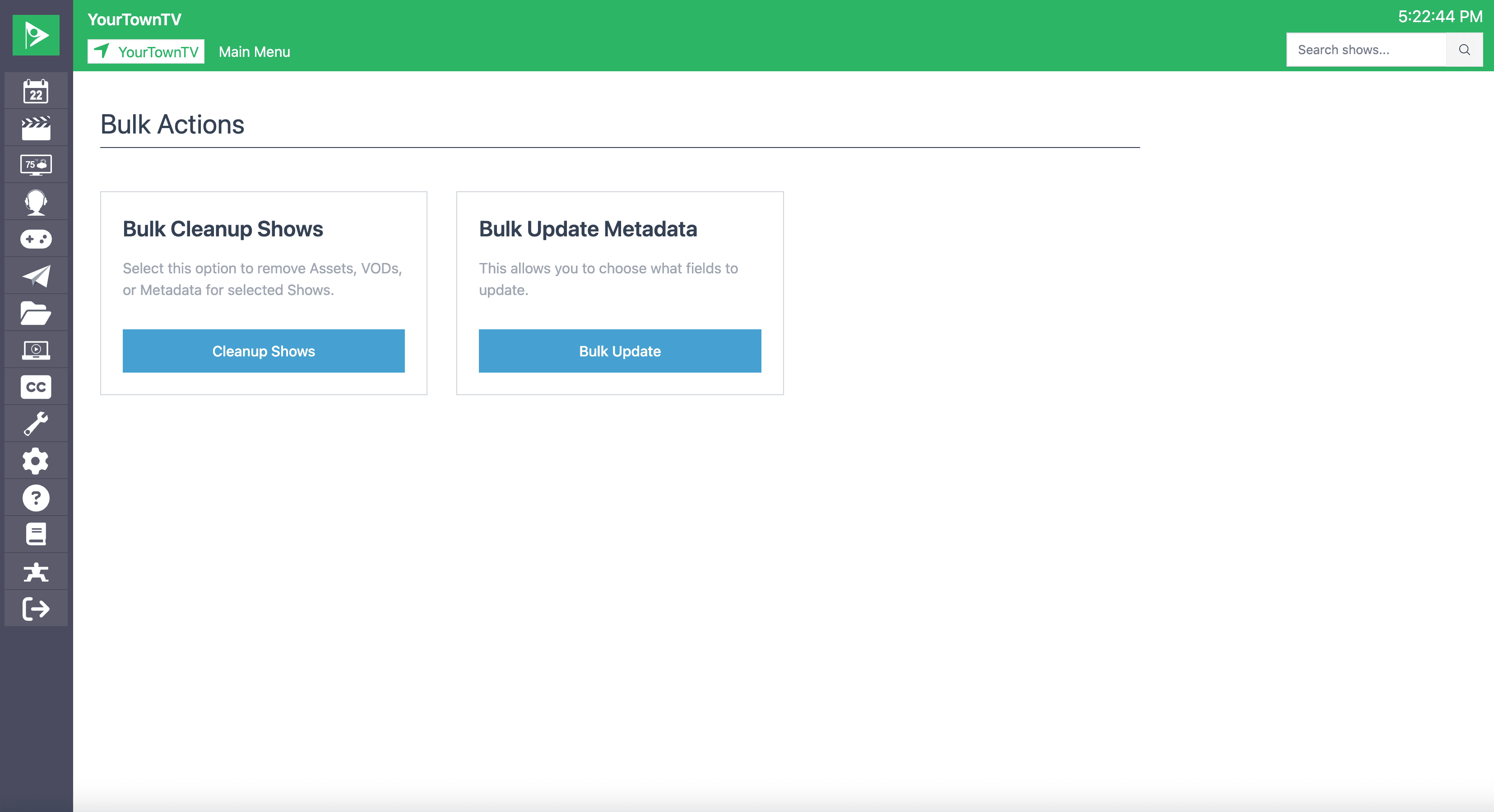 A Bulk Actions interface on "YourTown TV" displays options for Bulk Cleanup Shows and Bulk Update Metadata, enabling users to efficiently update metadata, manage producers, or delete VODs from multiple shows at once.