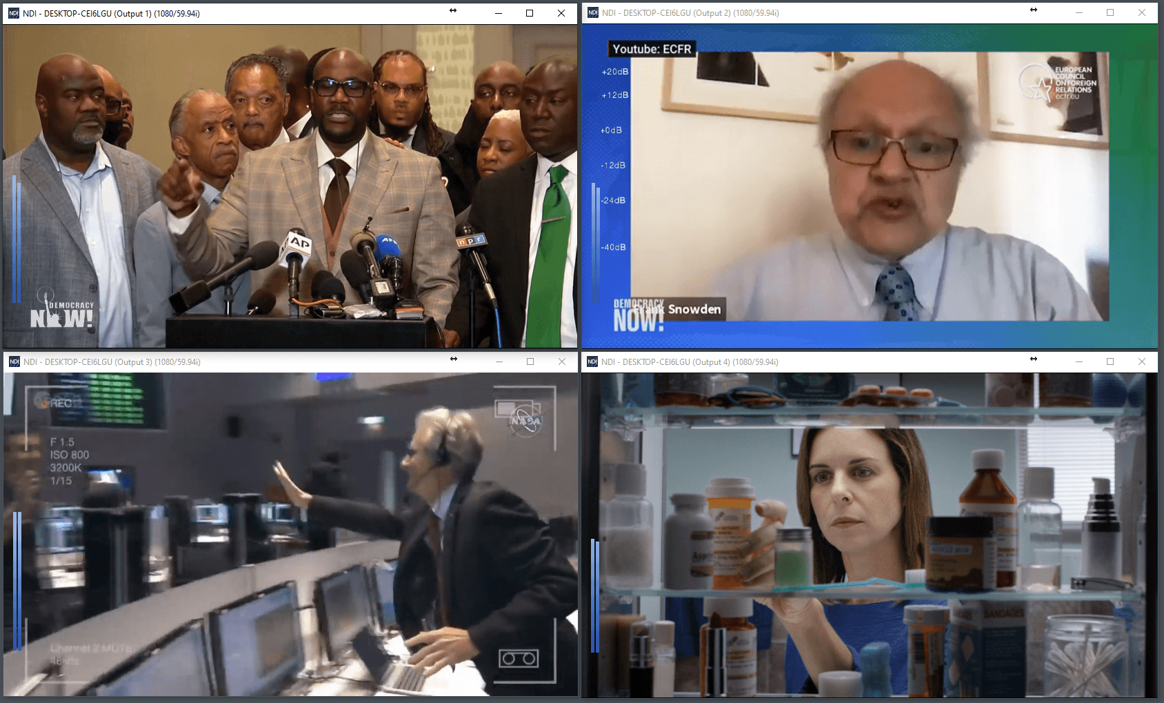 A screenshot of a multiviewer display created using four NDI IP video streams coming from a Cablecast VIO video automation server. The monitor shows what's playing on four different cable channels on a single monitor.