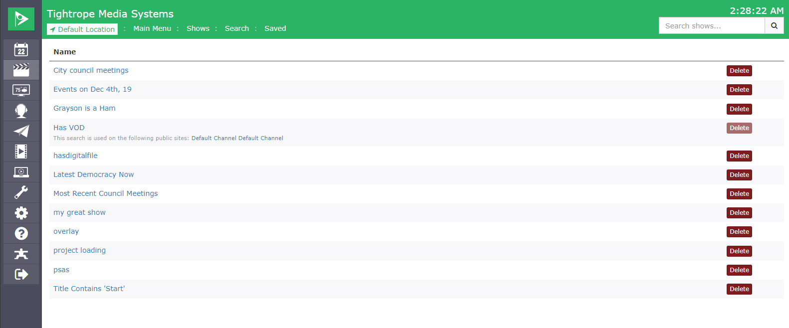 Screenshot of a broadcast automation software interface showing a 'Saved Search' feature. It has a list of saved searches with names such as 'City council meetings', 'Events on Dec 4th, 19', and 'Latest Democracy Now', each with a 'Delete' button next to them. The interface includes a sidebar with various icons for different functionalities and a search bar at the top right corner. The overall theme is dark with green highlights.