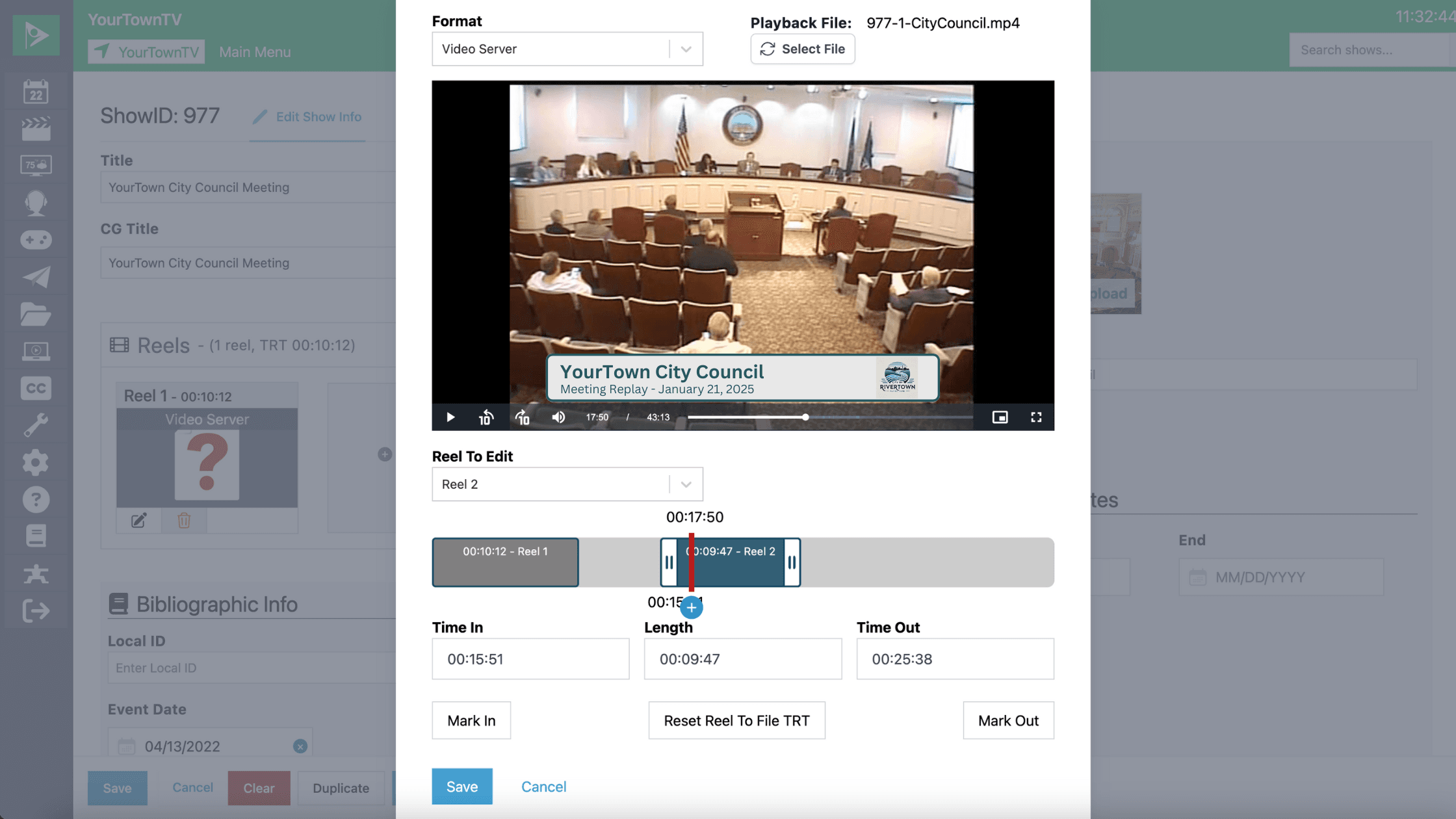 A Show Reels editing interface on "YourTown TV" displays a city council meeting video, allowing users to trim segments, set time in/out points, and rearrange reels with a simple slider to assemble the final program.