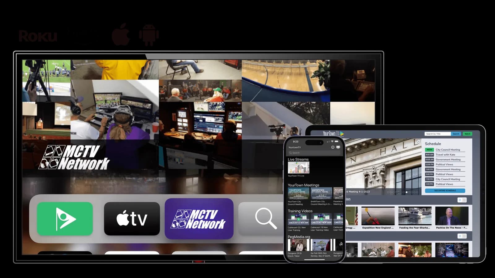 A community media channel on a TV app, a phone and a tablet web page, with Roku, Fire TV, Apple and Android support