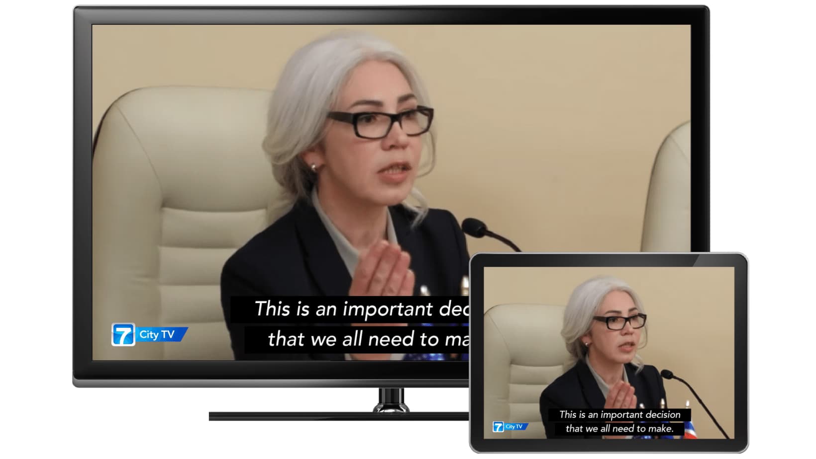 Closed captions shown on the same program across a television and a phone.