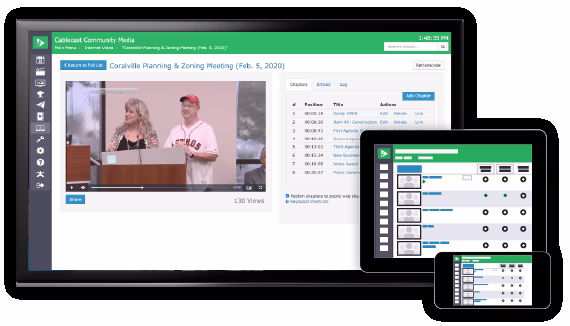 A Cablecast program shown across web, mobile and TV with an indexed chapter list.