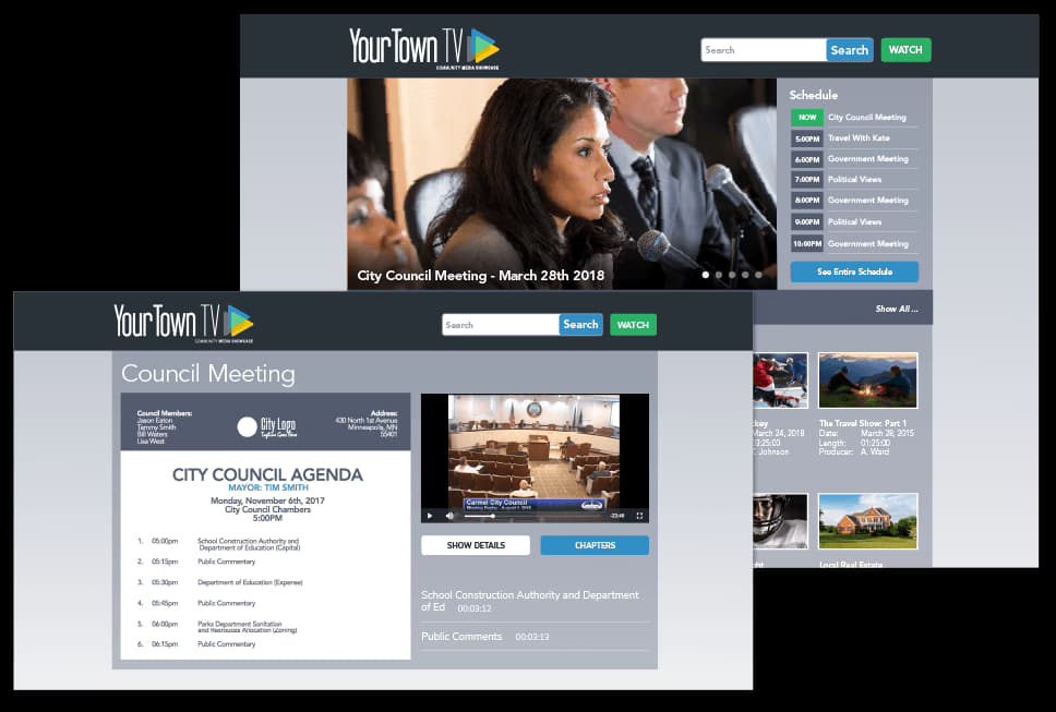 A branded municipal video-on-demand portal listing meetings with agendas and a program schedule.