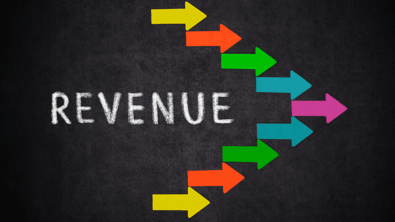 Illustration with arrows pointing right and text 'Revenue'