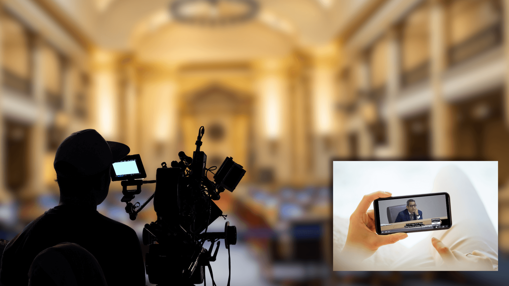 A/V team member sits with camera equipment as they film a city council meeting, and the bottom right corner shows a mobile screen streaming the meeting