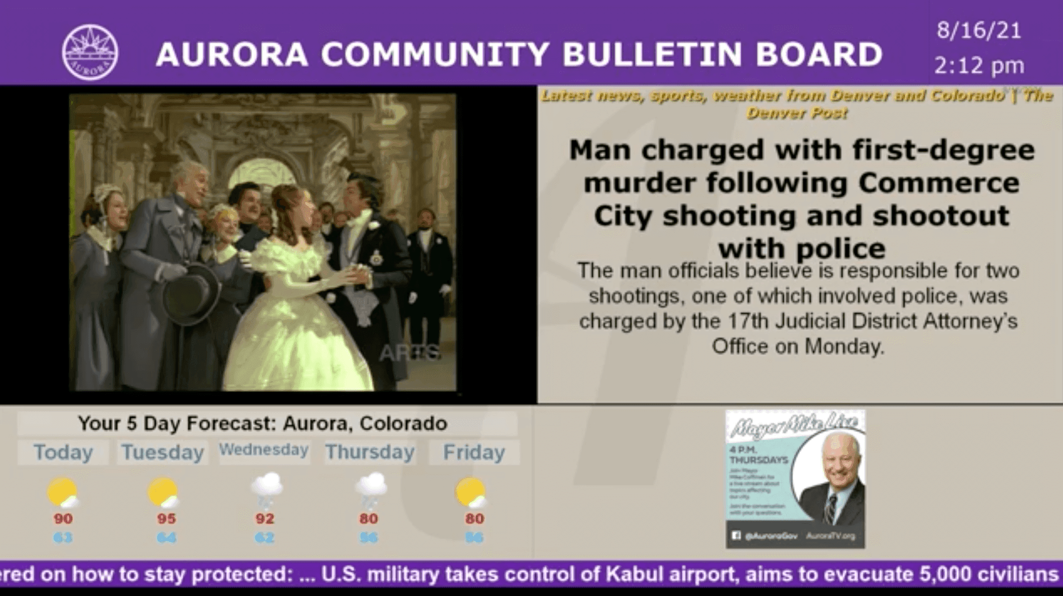 Aurora TV Community Bulletin Board Screenshot powered by Cablecast