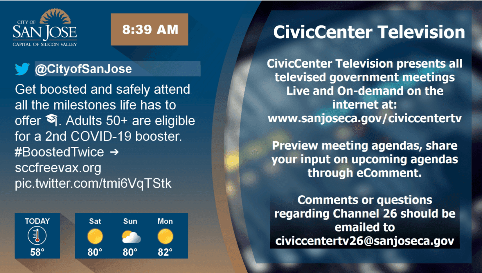 Screenshot of San Jose CivicCenterTV Cablecast CG Channel