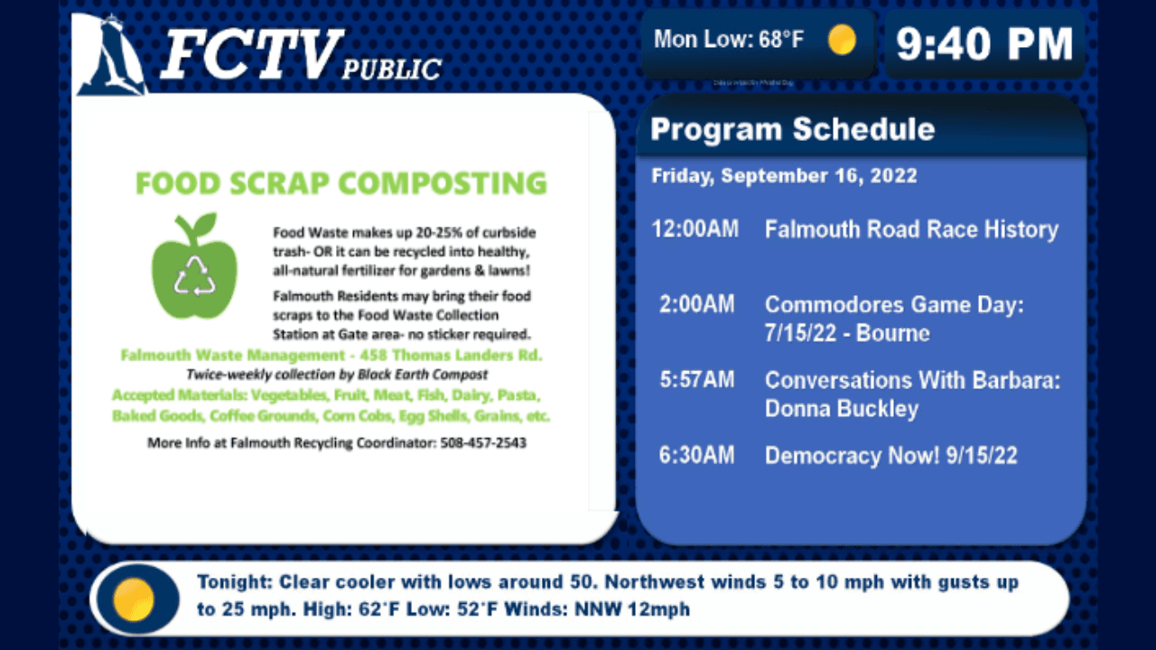 Screenshot of Falmouth Community Television (FCTV) Cablecast CG Bulletin Board