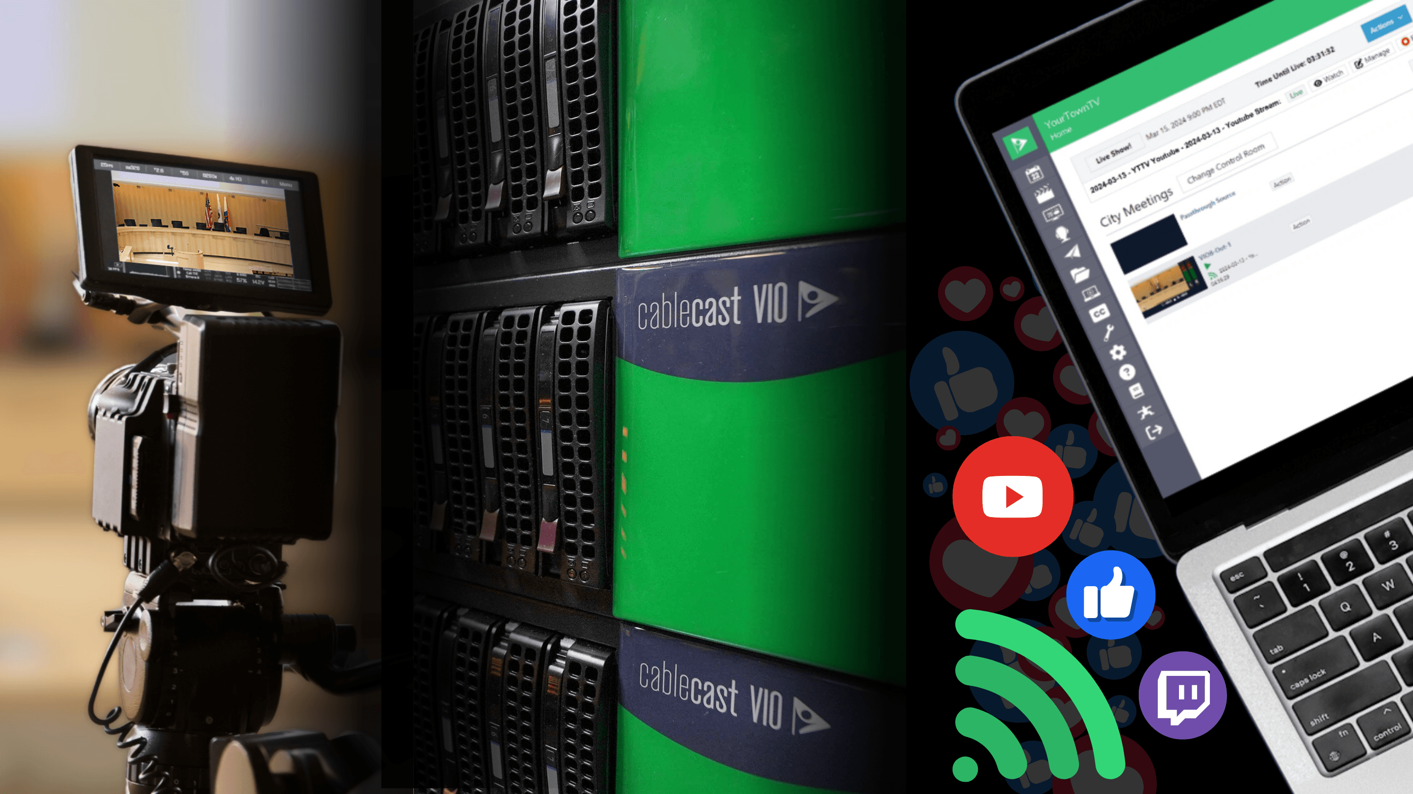 A triptych image showcasing multimedia broadcasting technology. On the left, there's a professional video camera with a small display screen, focused on a scene out of view. The center image displays a stack of green-labeled 'cablecast VIO' broadcasting equipment with glowing indicators. On the right, there's a laptop screen with a broadcasting software dashboard, overlaid with various social media icons such as YouTube, Facebook, Spotify, and Twitch, representing streaming or content sharing.