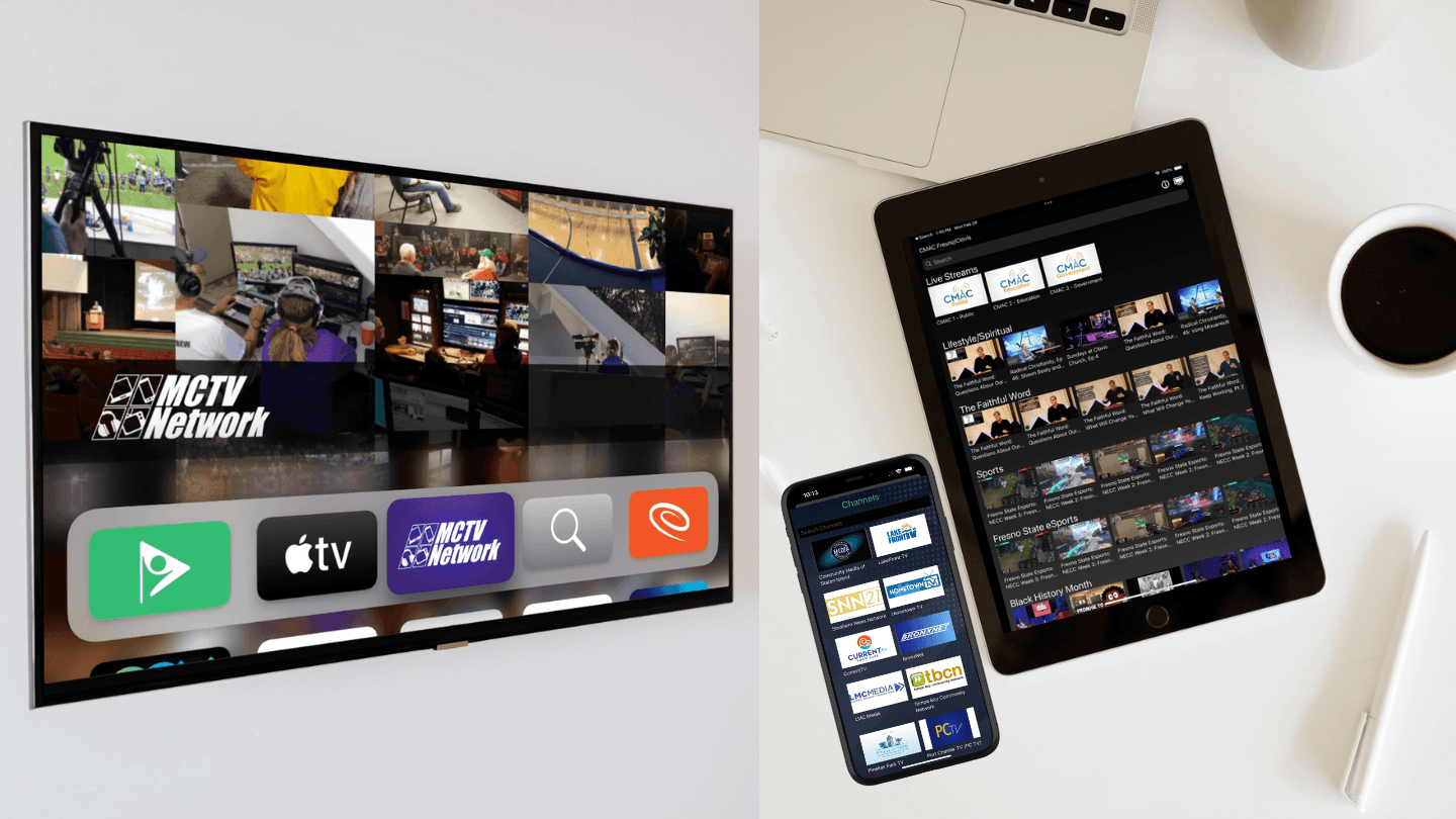 Composite image showing a TV screen displaying the MCTV Network app alongside an Apple TV interface, and a tablet and smartphone displaying various live streams and channels, highlighting OTT and mobile app streaming options.