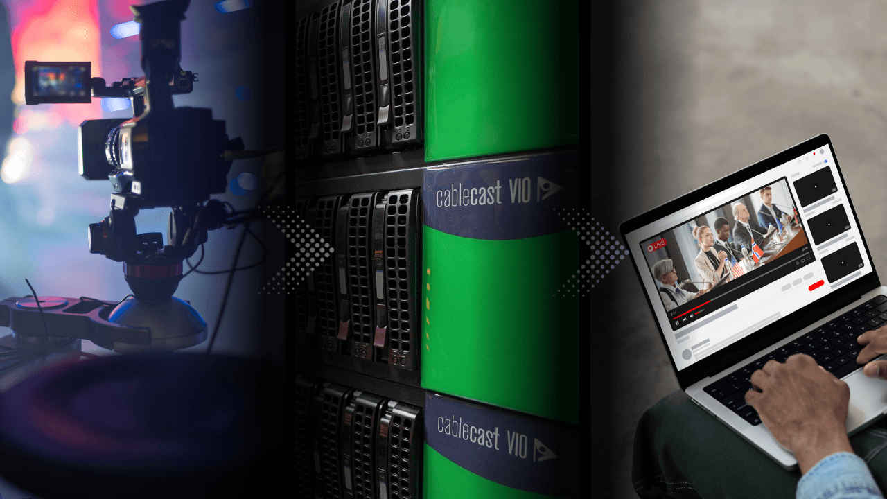 View of Video production studio, Cablecast VIO playback servers, and a person watching a video live on laptop
