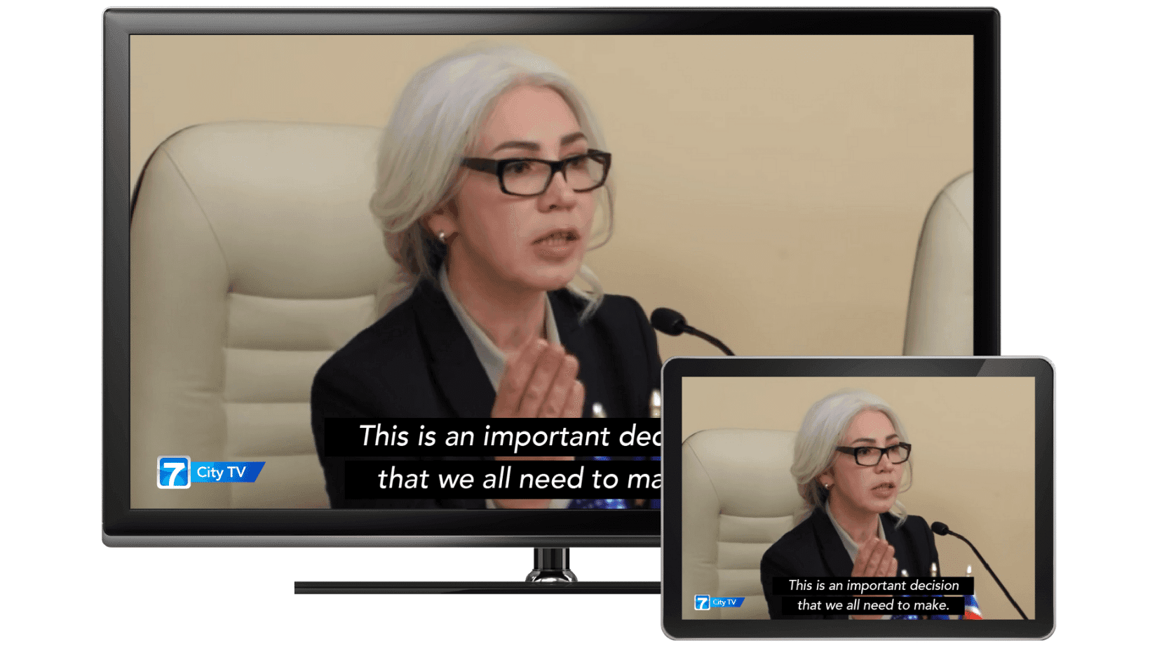 A TV and a tablet both with a closed captioned video