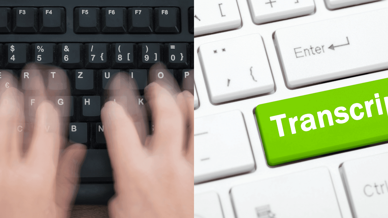 A picture with hands typing on a keyboard and a transcript button