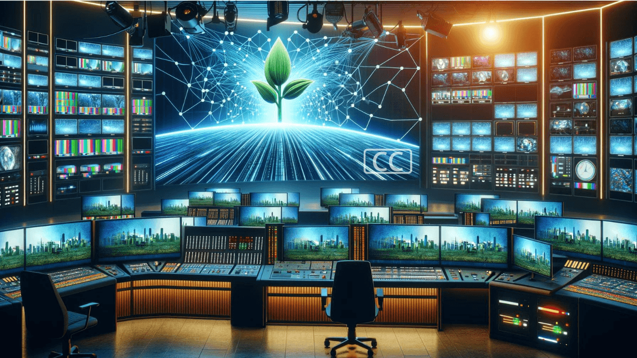 This illustration features a sophisticated broadcast control room designed to symbolize the funding growth for closed captioning at PEG stations, with monitors displaying abstract visuals of growing crops and cityscapes. The scene includes advanced broadcasting equipment, emphasizing the integration of technology and funding for accessibility initiatives.