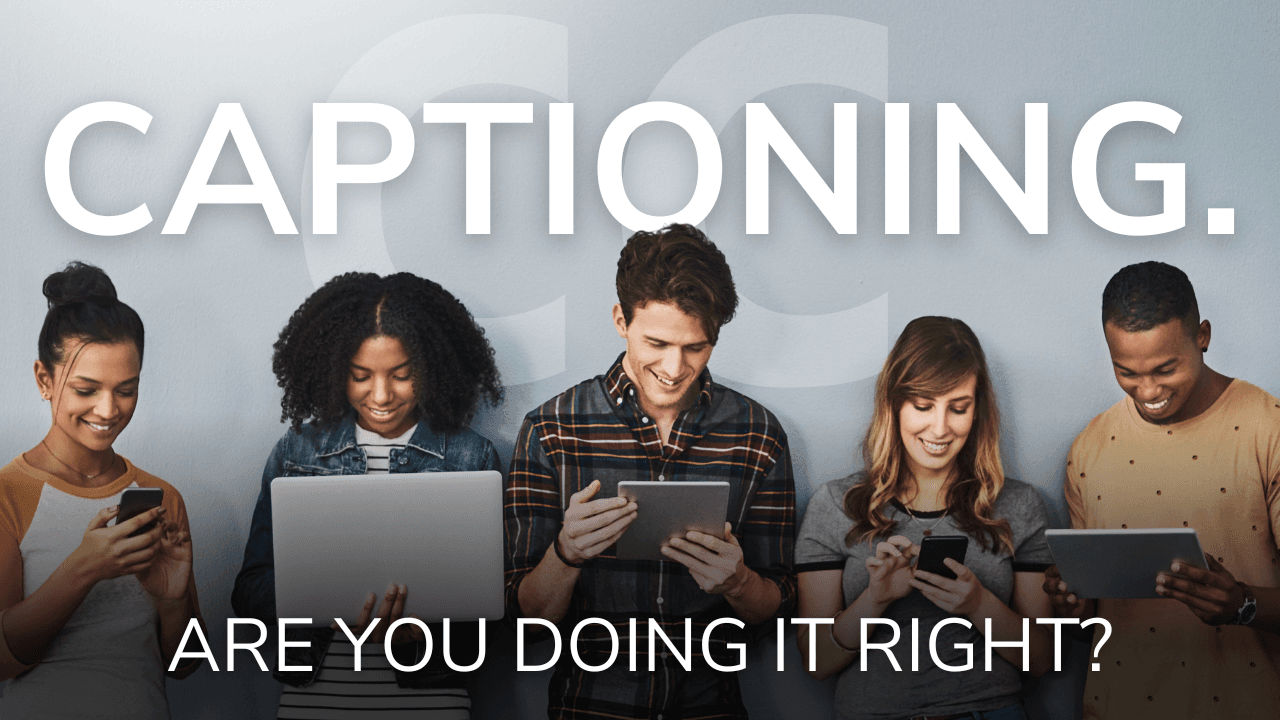 A group of people looking down on various technological devices and smiling. A large title over them says "Capitoning."
