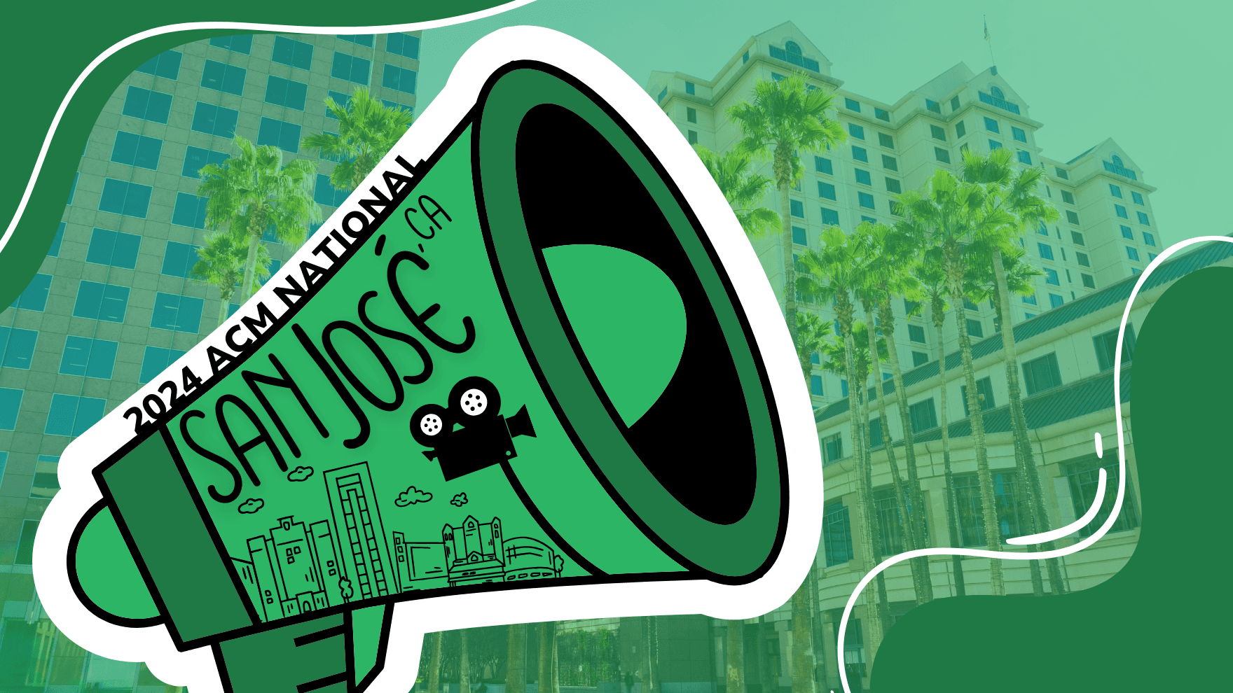 An illustrated megaphone with "2024 ACM National, San Jose, CA" on it, set against a backdrop of a sunny cityscape featuring tall buildings and palm trees.