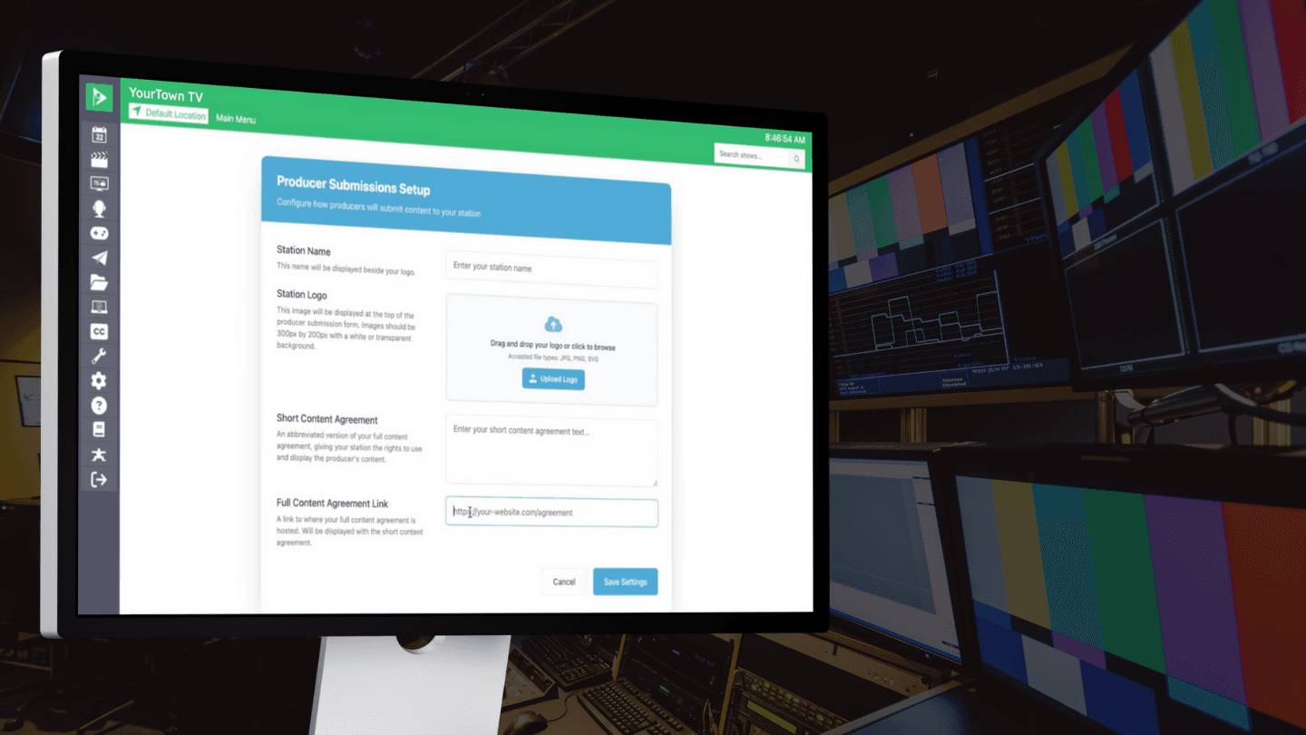 A monitor displays the Cablecast user interface with the Producer Submissions Setup screen open, showing fields for station name, logo upload, and content agreement. The background shows a video control room with color bars and waveform monitors, highlighting the content submission portal feature.