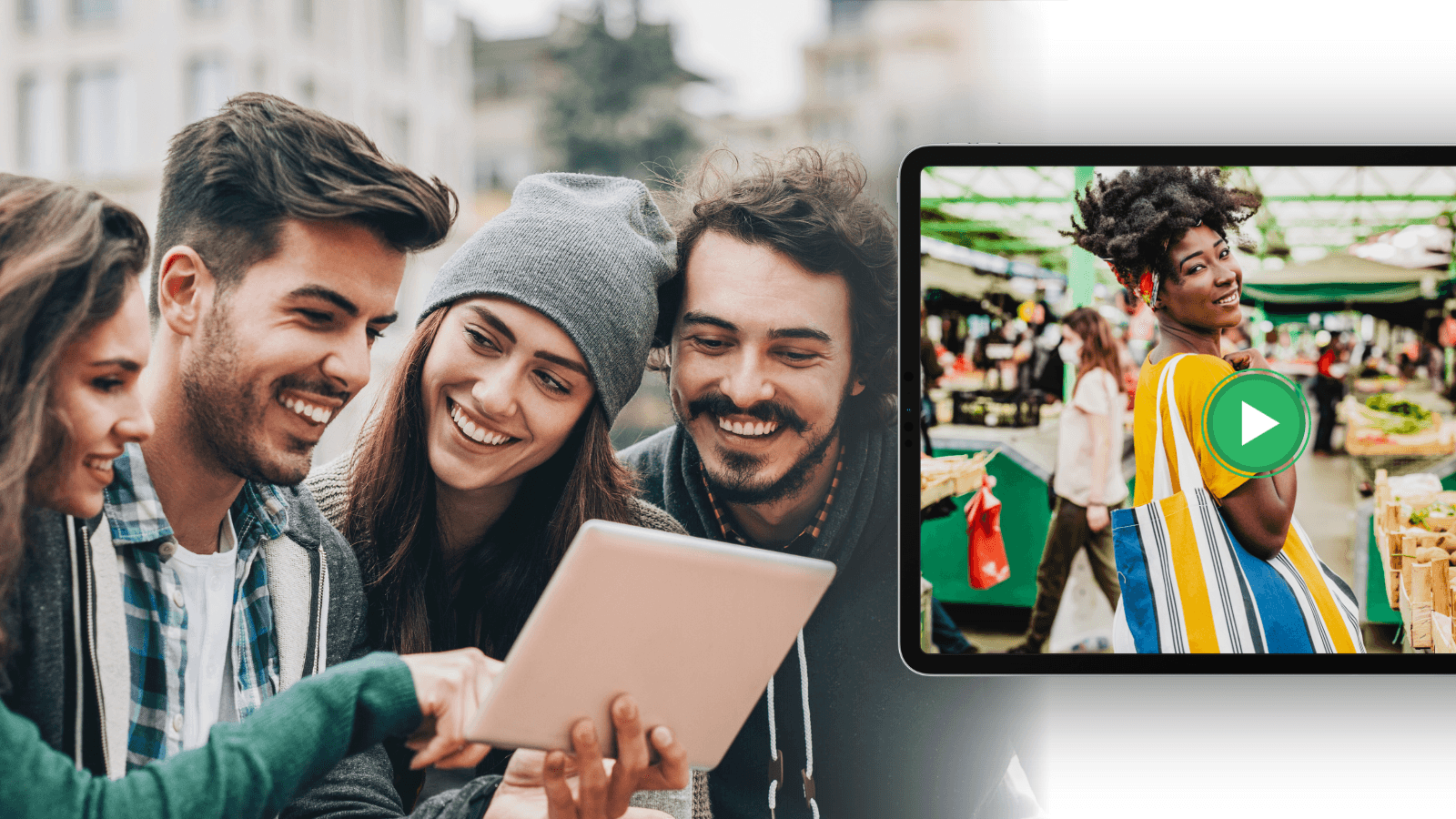 Four people watch a video on an iPad
