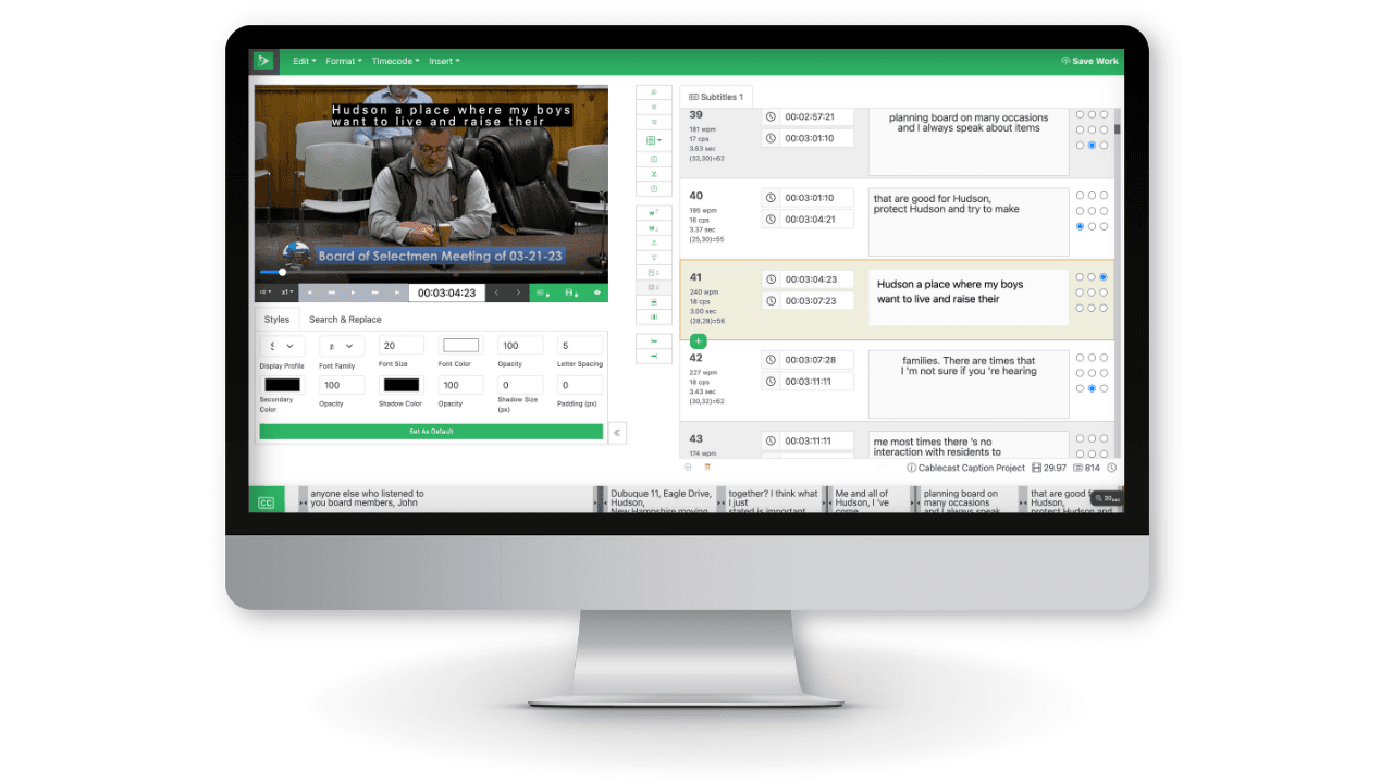 A screenshot of a closed captioning editor that is fully integrated into the Cablecast Automation software.