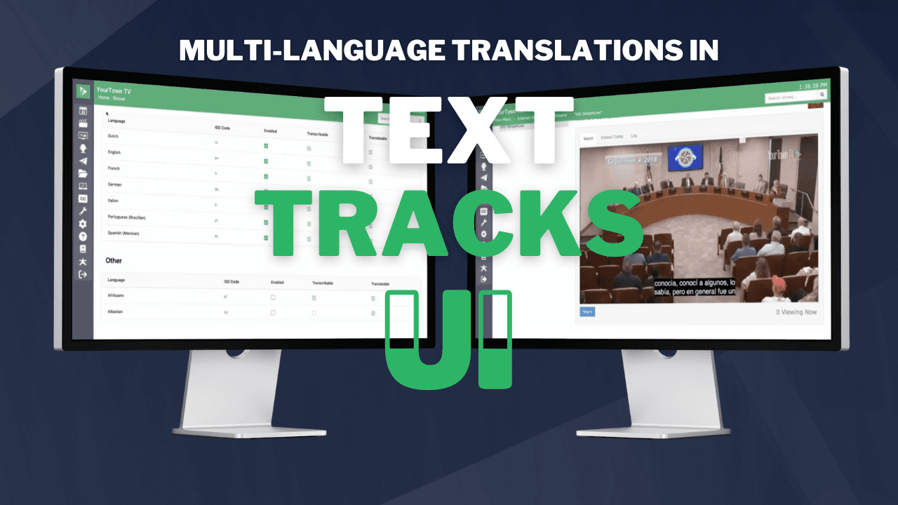 An image of two computer monitors showing screenshots of the Cablecast Broadcast Automation platform's user interface for automated multi-language transcription