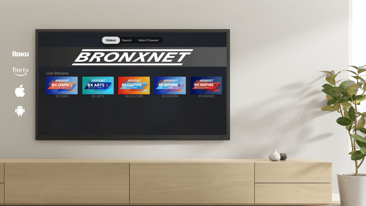 A Screenshot of Bronxnet OTT streaming app, placed on a TV mockup