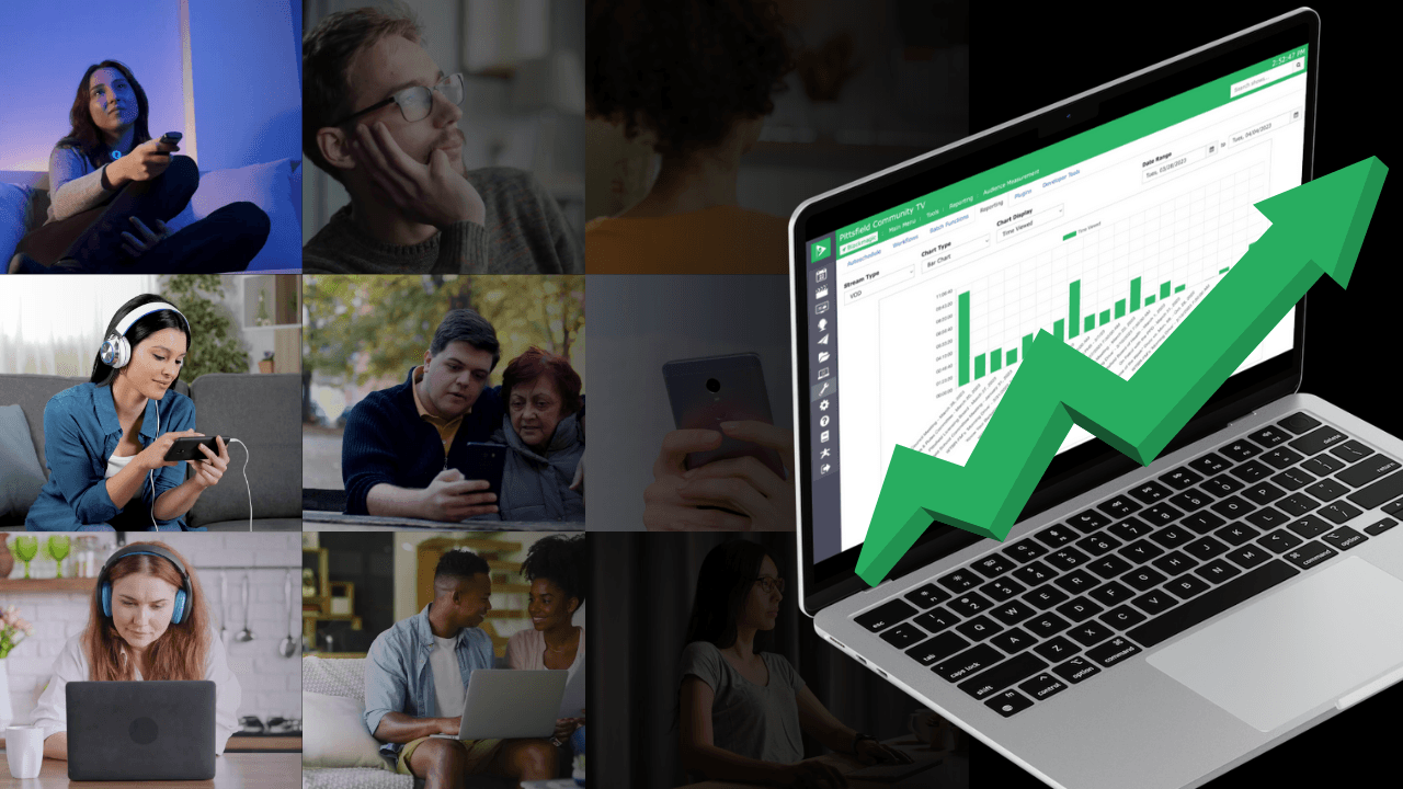 Multi-view screen of audience streaming on devices, a laptop with Cablecast Audience Measurement Dashboard Insights