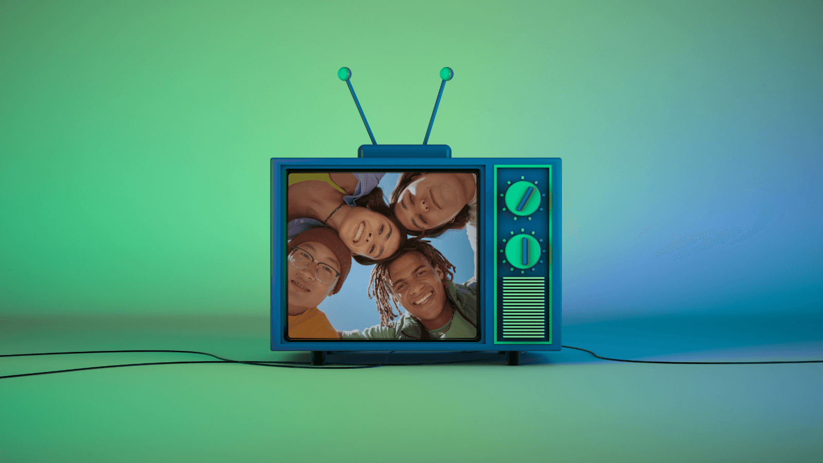 A retro-style TV sits against a green and blue gradient background, displaying a smiling group of four young people huddled together and looking down toward the camera.