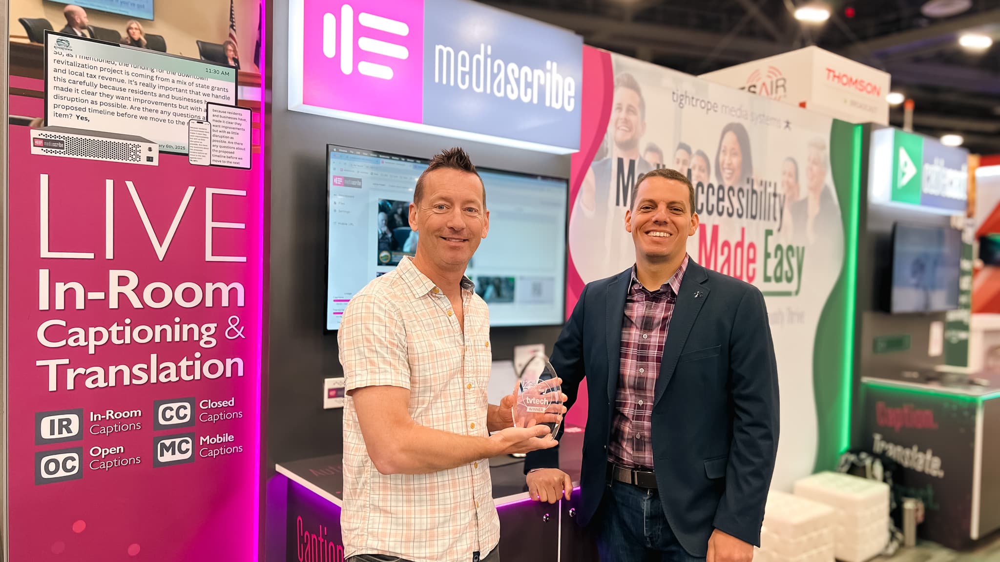 MediaScribe CEO JJ Parker and VP of Sales Pete Tufigno hold the Best of Show by TVTech award for the new MediaScribe product at NAB Show 2025