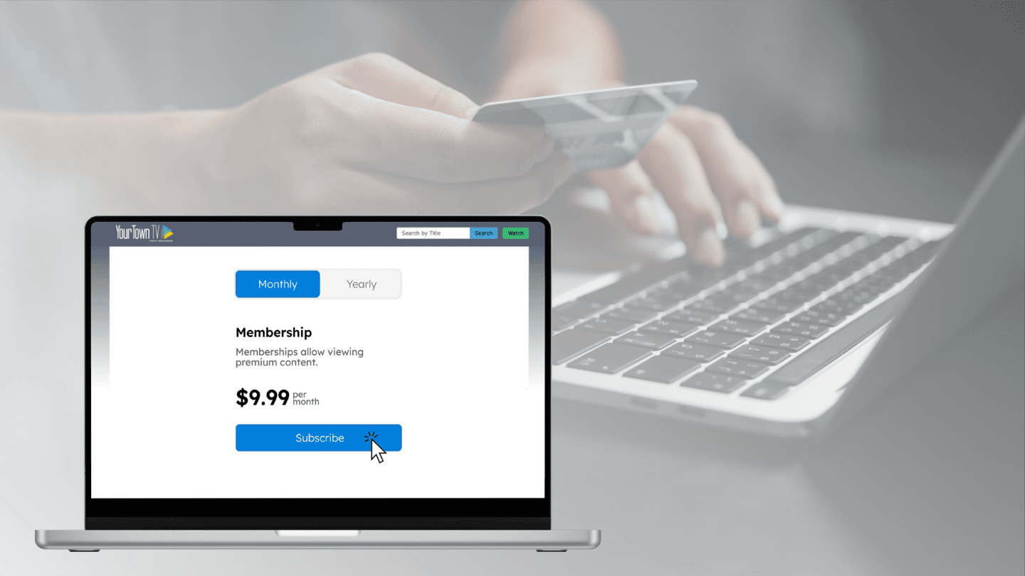A laptop screen shows a $9.99/month subscription page for premium video content on "YourTown TV." In the background, a person holds a credit card near a keyboard. The image represents Cablecast’s new paywall feature launching in version 7.10.
