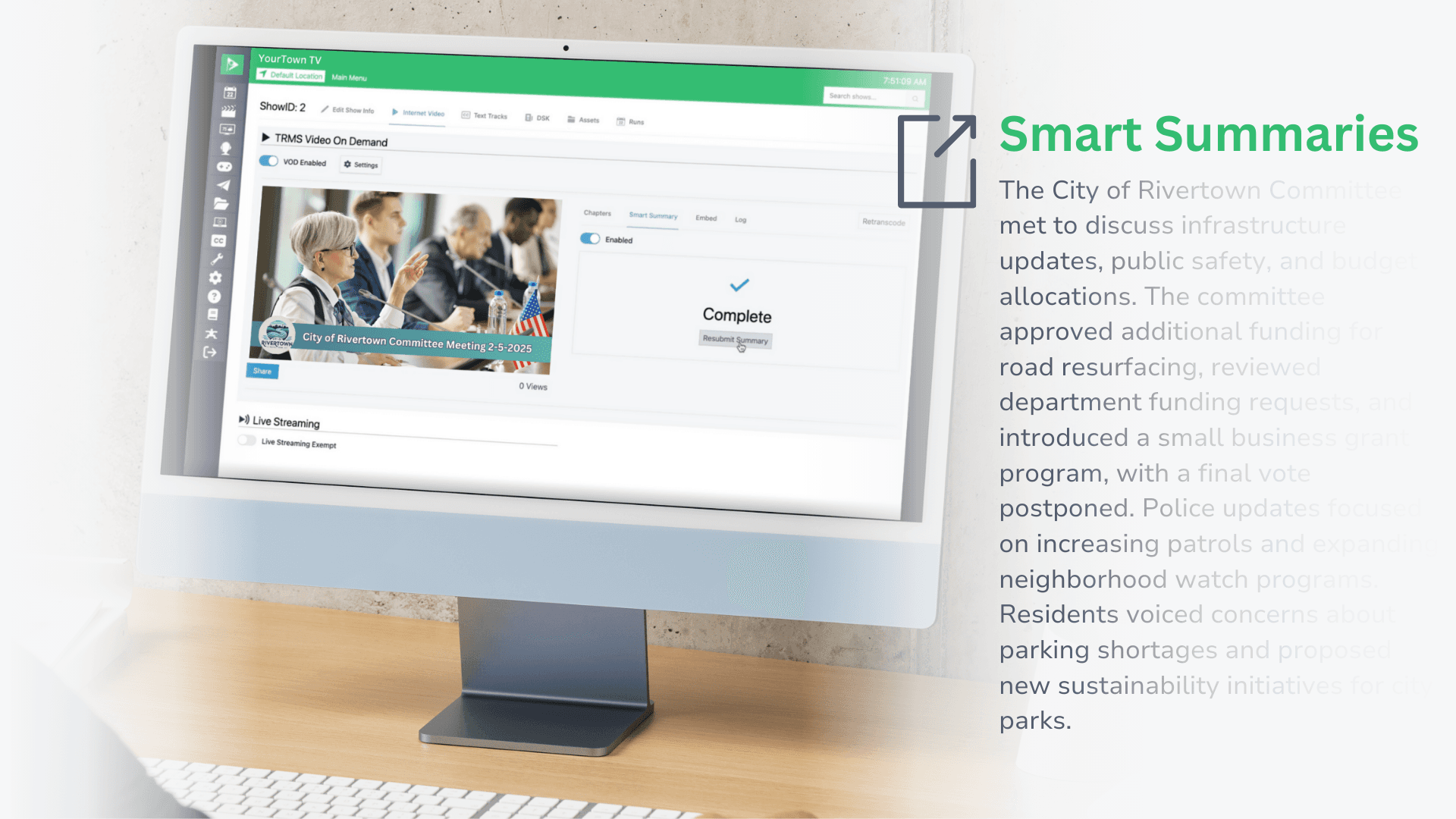 A mockup of Cablecast Automation User interface and Smart Summary feature being released in Cablecast 7.9 at NAB Show 2025