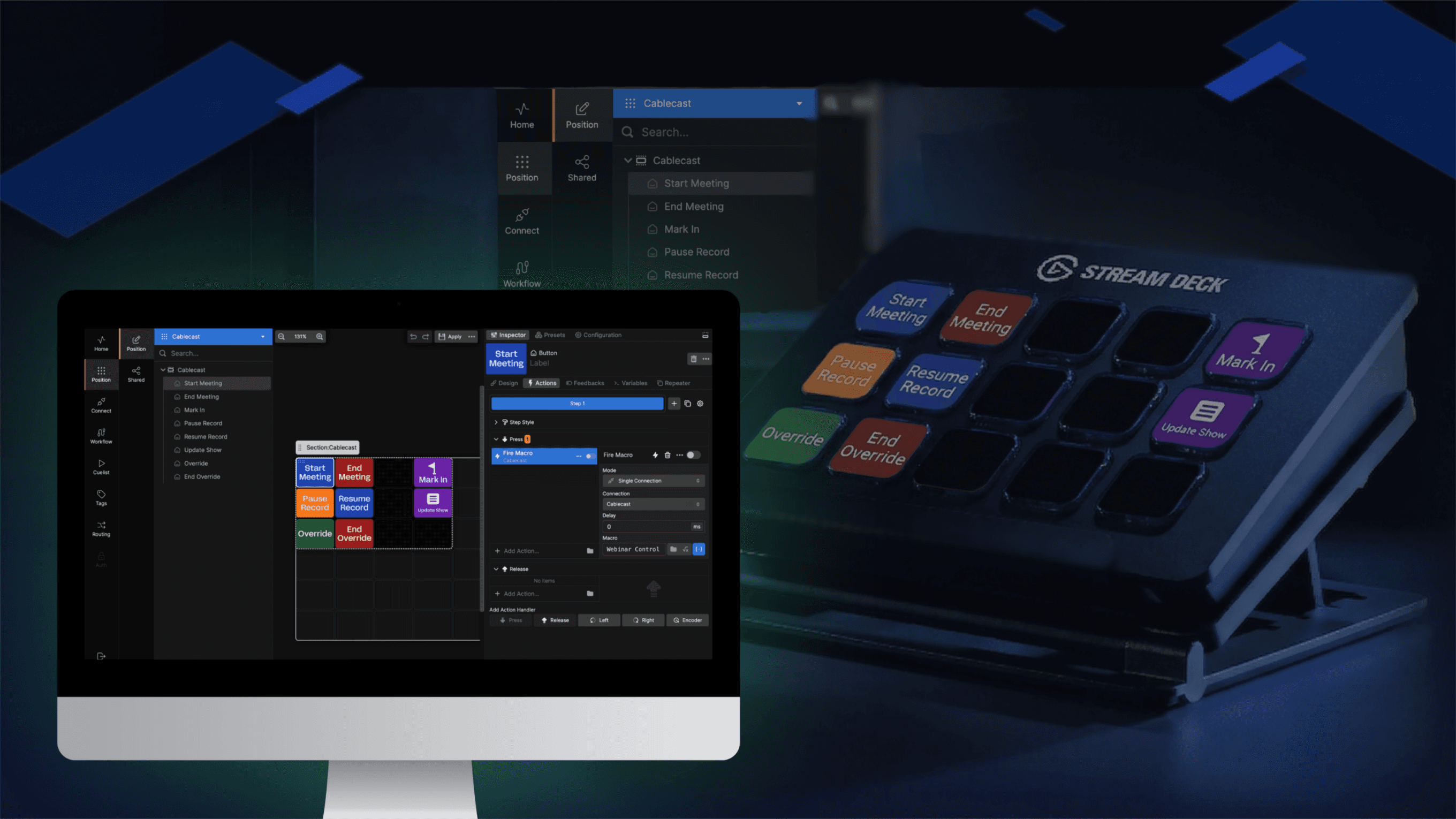 Computer interface showing customizable production controls alongside a Stream Deck with labeled buttons for automating live meeting workflows.