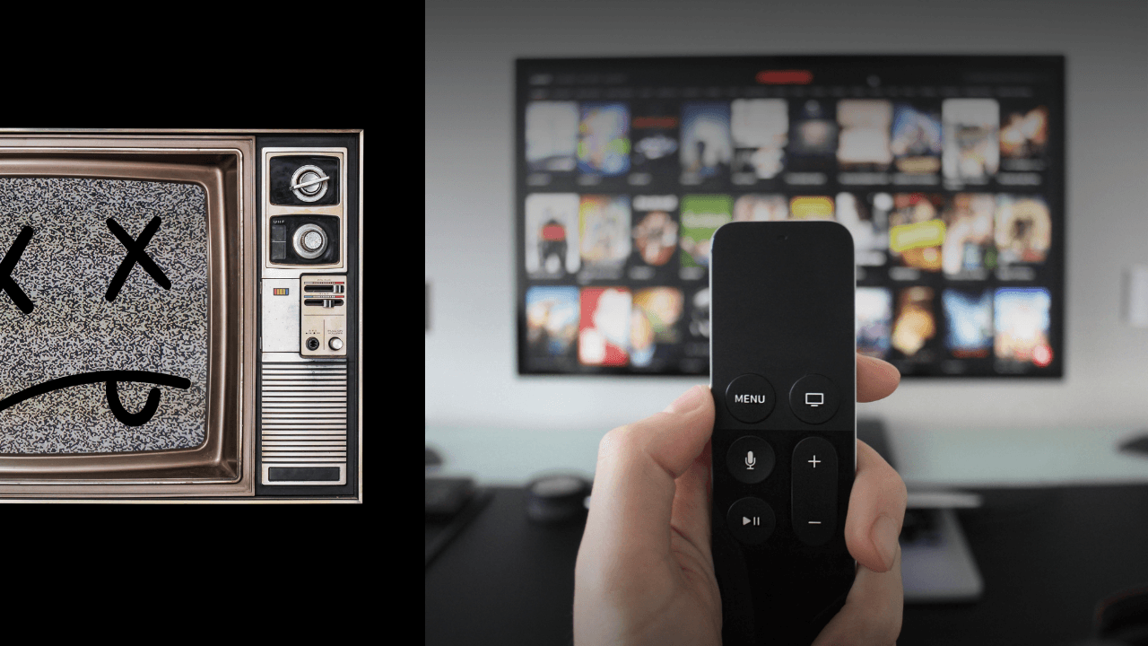 Old cable TV with animated face, TV with streaming apps and a hand holding an Apple TV remote