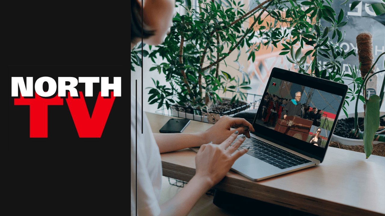 North TV logo and image of a person streaming a graduation ceremony on a laptop