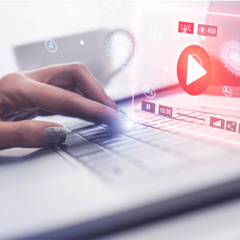 Stock image of hand playing video with title: PEG Experts Forum - Optimizing Web Viewer Experience Panel