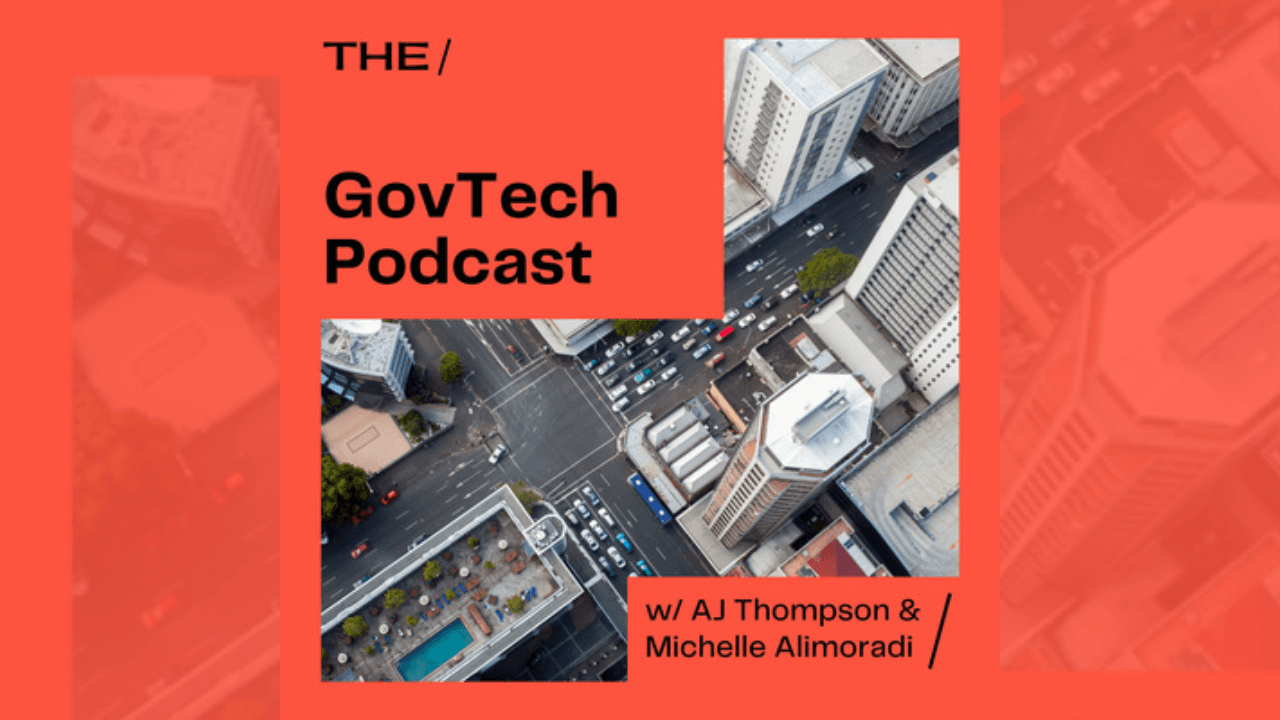 Cover Artwork for the inaugural GovTech Podcast with an aerial image of a city