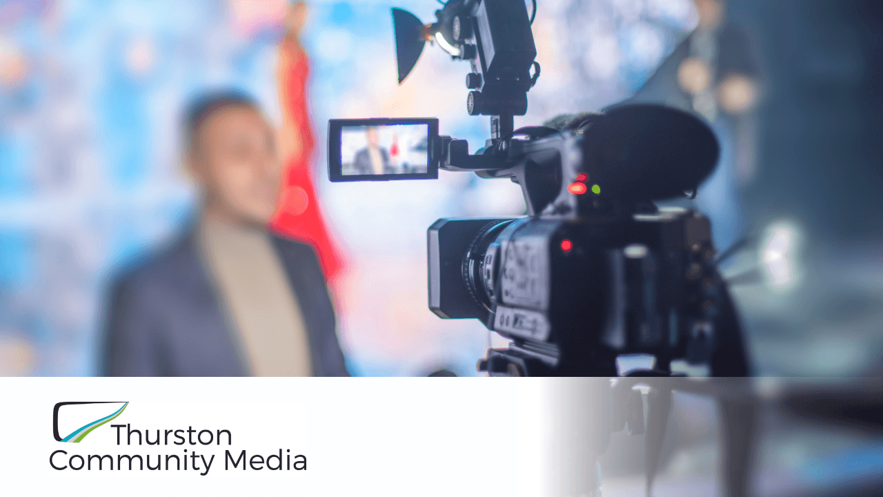 Image of a community media studio with TCMedia logo at the bottom