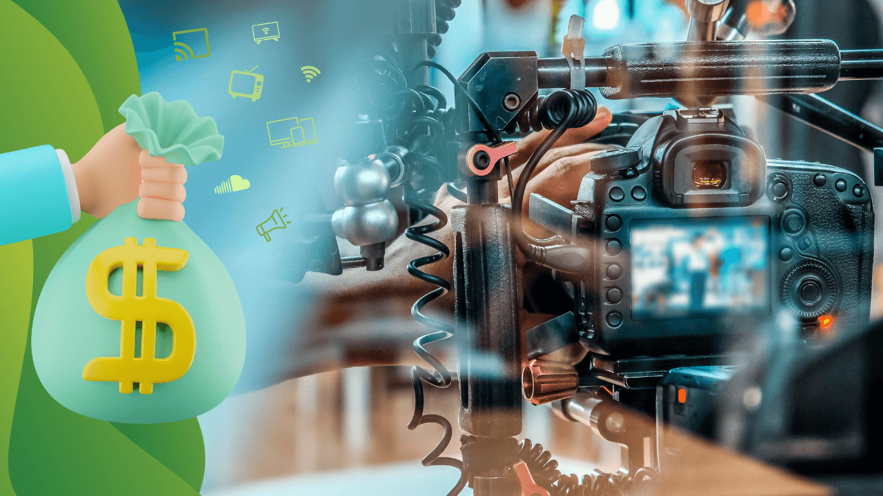A hand holding a dollar bag next to a professional video camera, symbolizing media production funding. Streaming and broadcast icons connect the two elements.