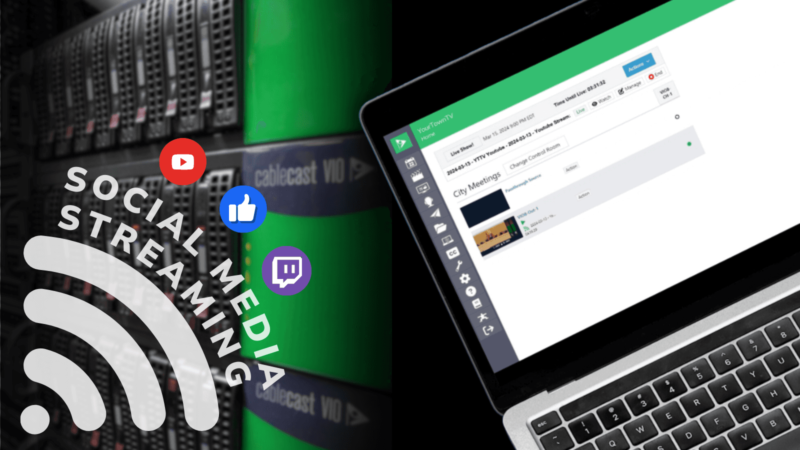 An image showing a high-tech server setup with Cablecast VIO equipment on the left and a laptop screen displaying a city meetings live streaming interface on the right. Overlay text reads 'Social Media Streaming' with icons for YouTube, Facebook, and Twitch, indicating the platforms supported for live streaming.