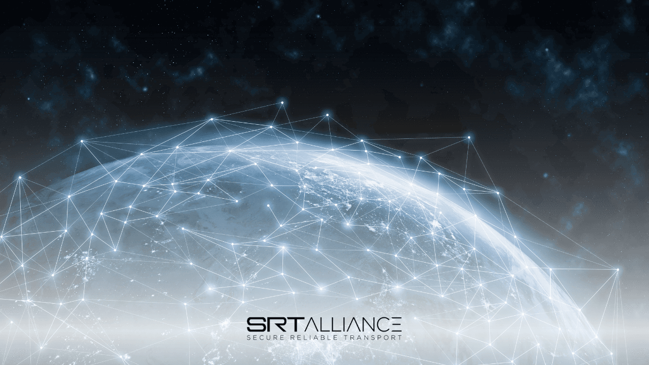 An image of the earth with several network connections throughout, with Secure Reliable Transport logo