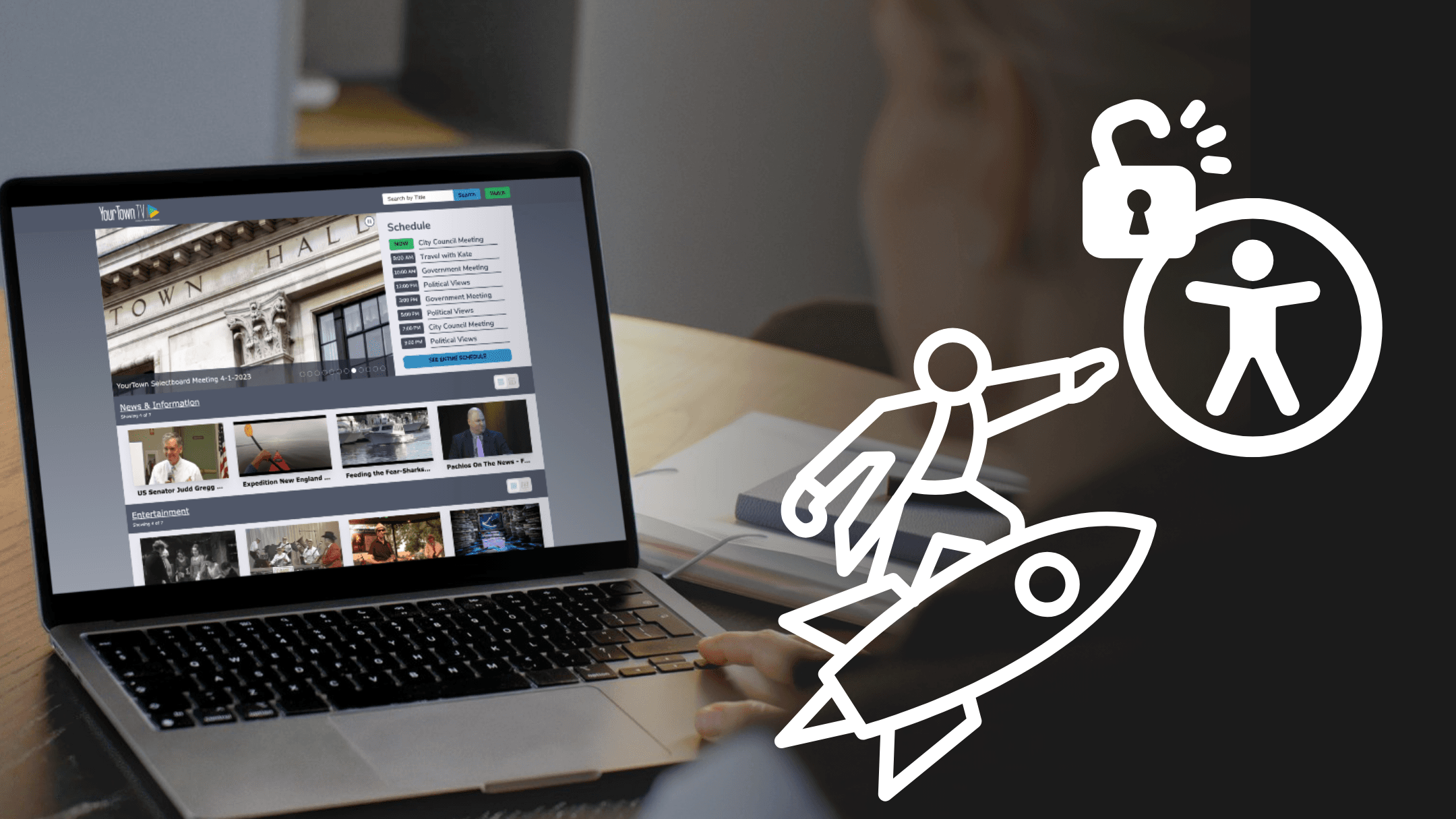 A person views a municipal video site on a laptop. Overlay icons of a rocket rider and unlocked accessibility symbol represent progress through web compliance.