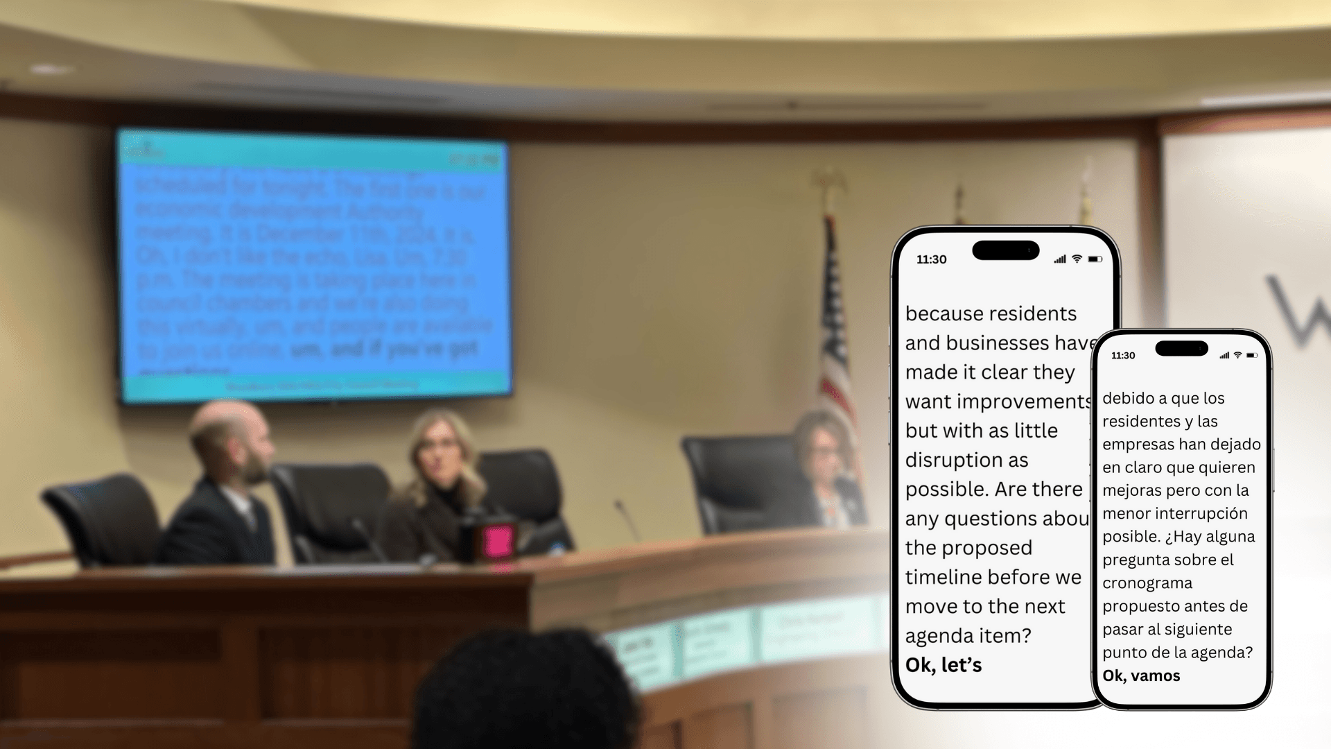 An image of a city council meeting with a screen displaying in-room captioning of the meeting, and an overlay of mobile devices showing real-time translated captions, by MediaScribe
