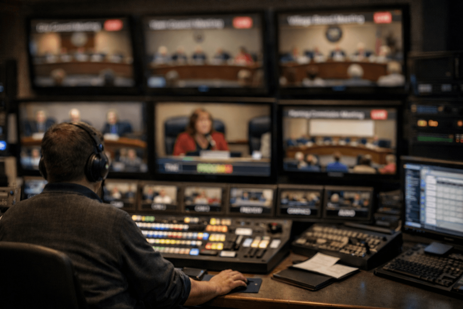 Broadcast operator managing multiple live government meeting video feeds in a control room.