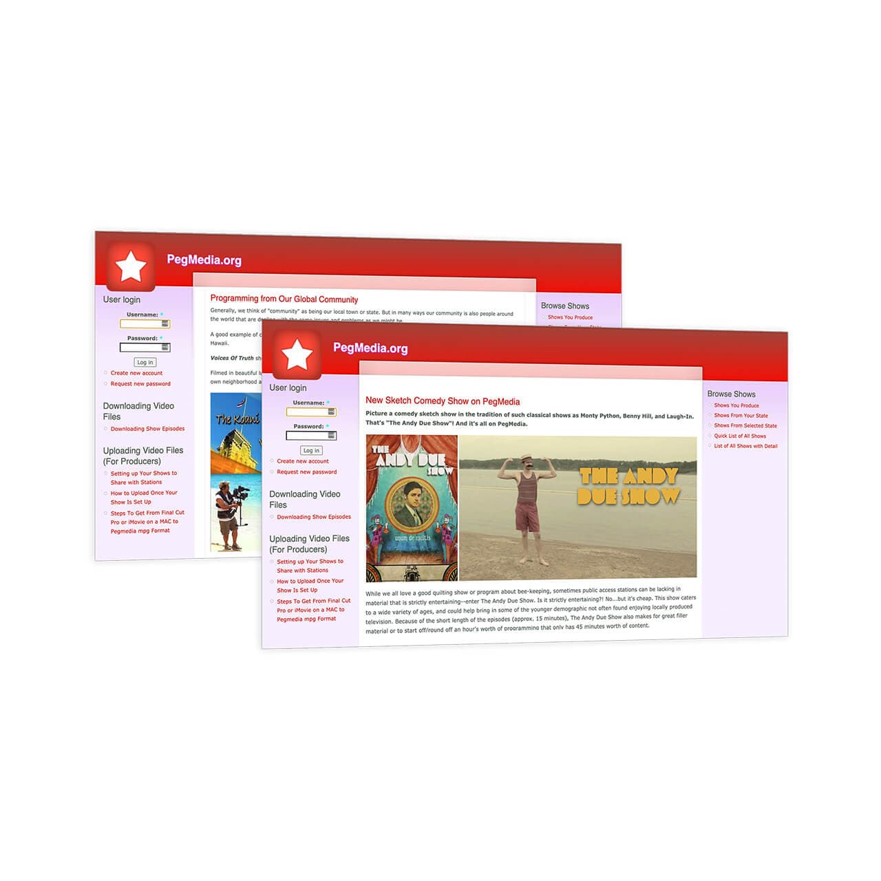 Screenshots of PEGMedia.org homepage before ownership transferred to Tightrope Media Systems