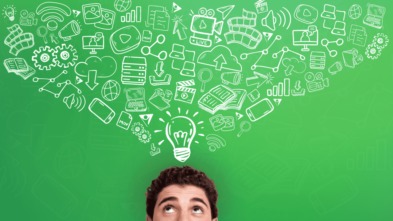 a person looking up at several video production and automation doodles, illustrating Cablecast knowledge
