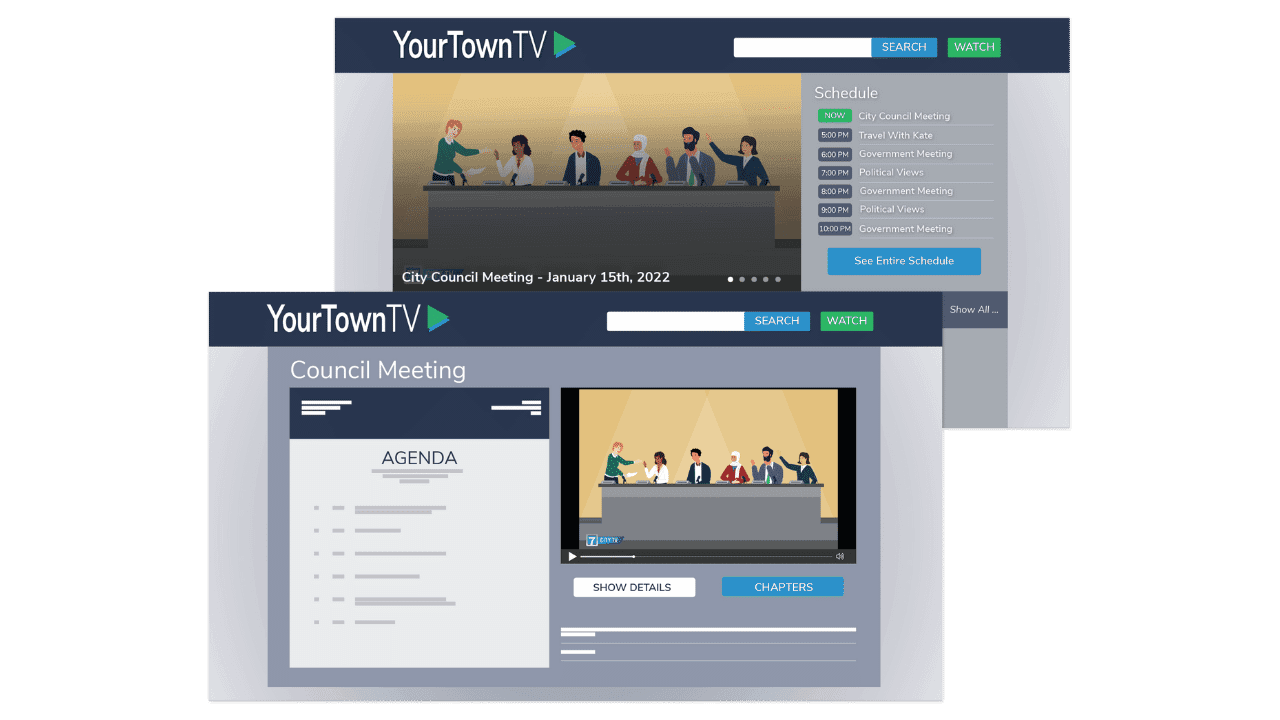 Cablecast Illustration of YourTown TV - An Internet Channel with a broadcast schedule and attached agenda