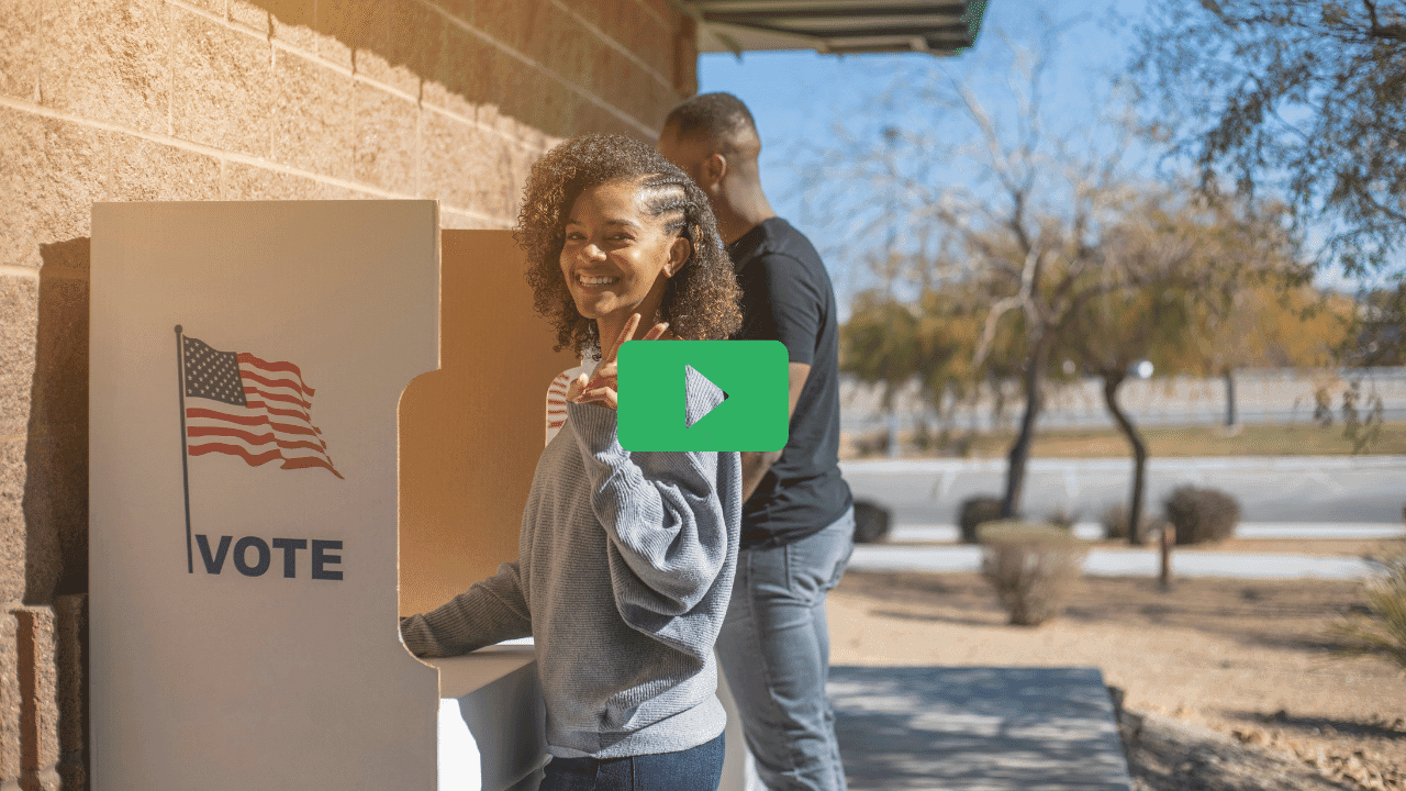 Image showing young woman voting during elections with video play button