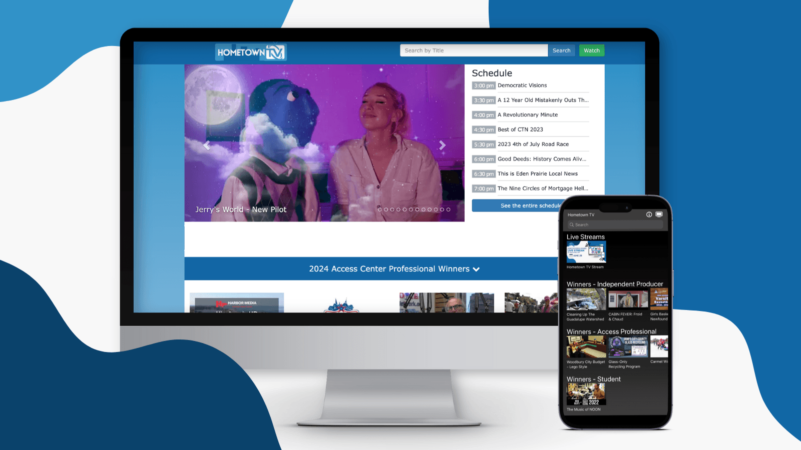 A computer monitor and a smartphone displaying Hometown TV's website. The monitor shows a colorful video featuring two characters and a schedule of programs on the right. The smartphone screen shows live streams and various video categories. The background includes blue and white design elements.