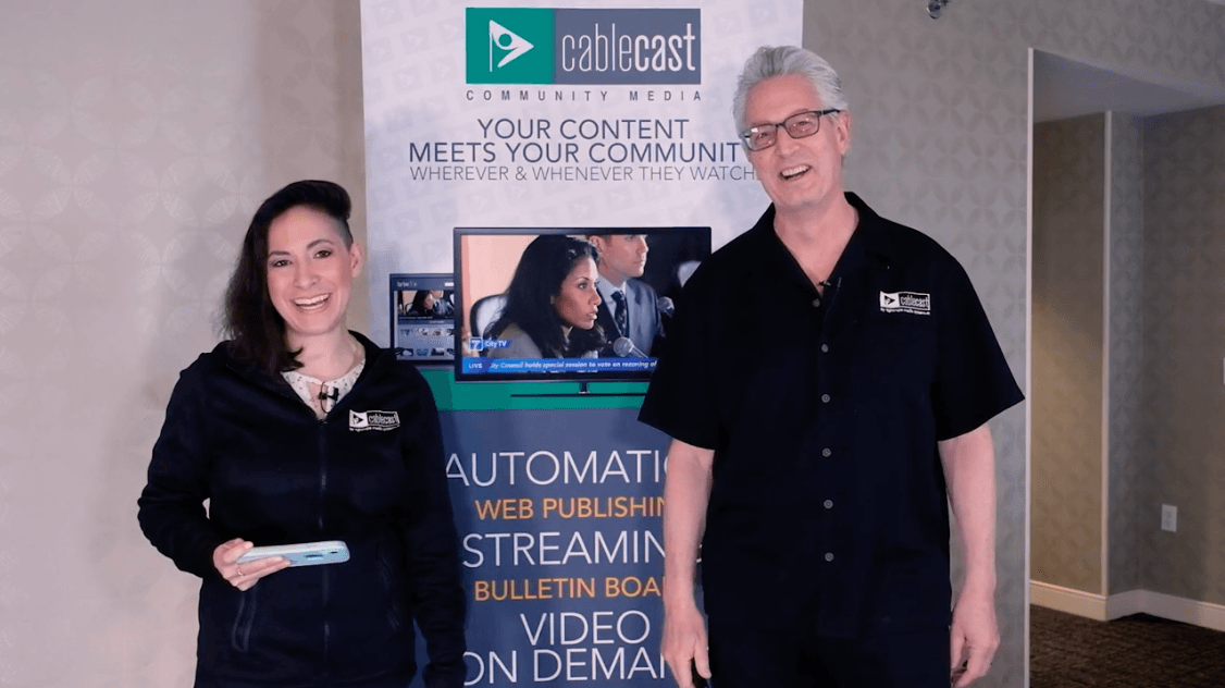 Screenshot of Cablecast Spring Feature Launch video at NAB 2022 with Dana Healy and Steve Israelsky